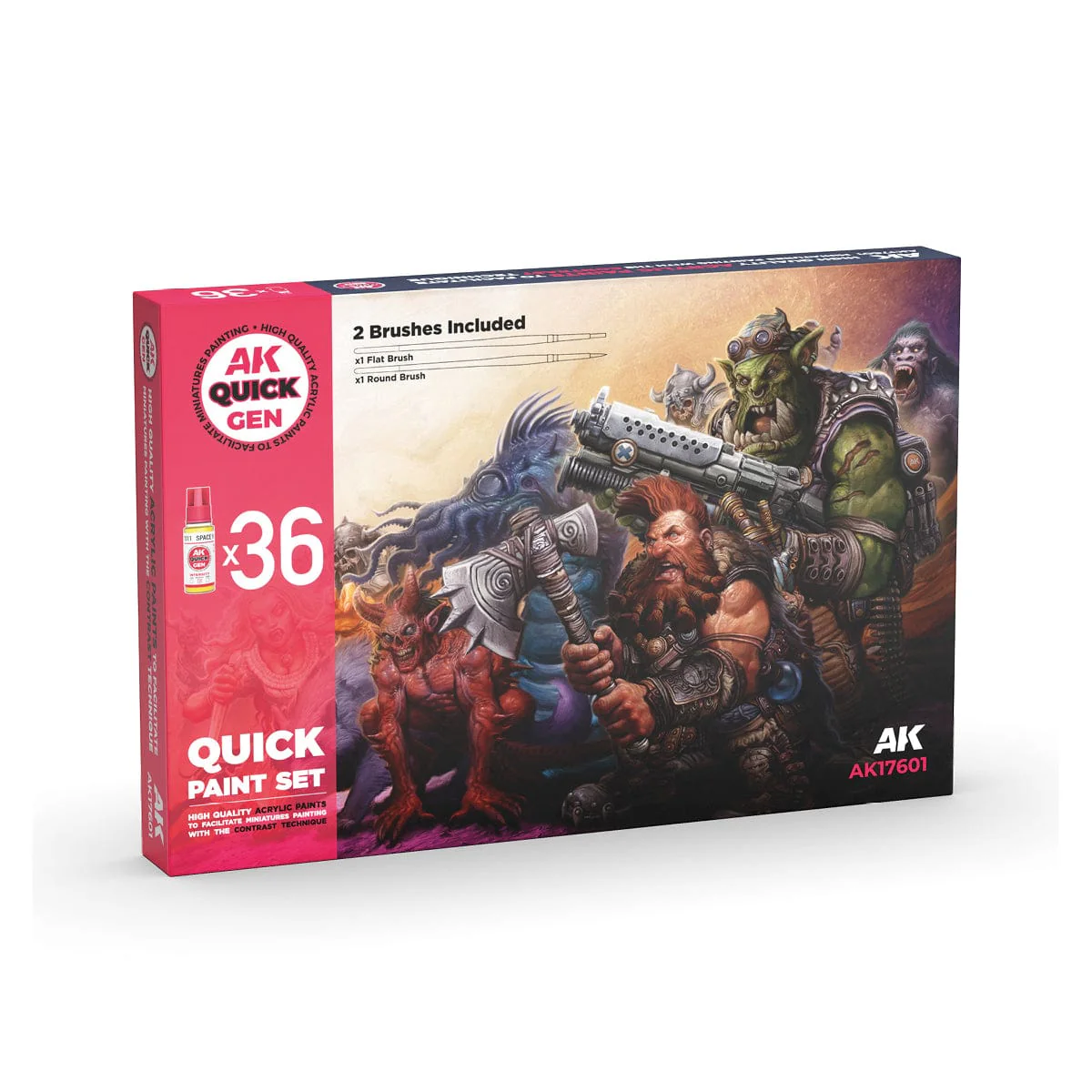 AK Interactive Quick Gen - Quick Paint Set 36 Colors (2 Brushes)